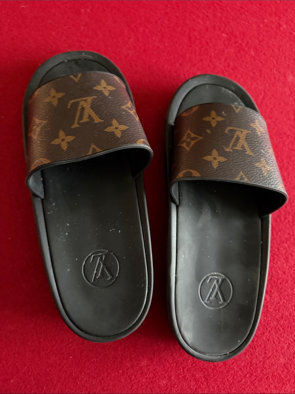 Louis Vuitton Brown Monogram Slide Sandals with Black Footbed